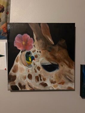 Giraffe Portrait by ALLUGLYFACES with Pink Flower and Colorful Bird